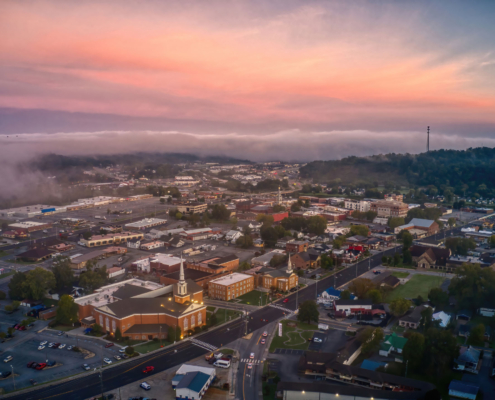 Aerial View Of Sevierville Tennessee On A Hazy Fall Sunrise