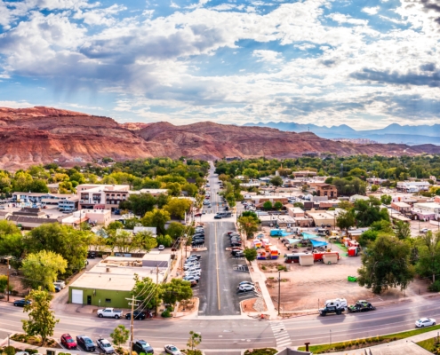 Aerial View Of Moab Utah Along Main Street  Scaled