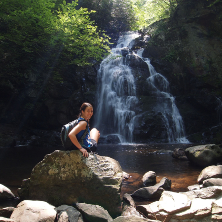 Great Smoky Mountains Young Woman Enjoying Spruce Flats Falls In The Great Smoky Mountains National Park Tennessee In Early Summer