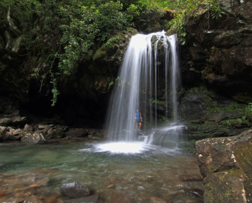 Great Smoky Mountains Young Woman Stands Behind Grotto Falls In Early Summer In The Great Smoky Mountains National Park Tennessee