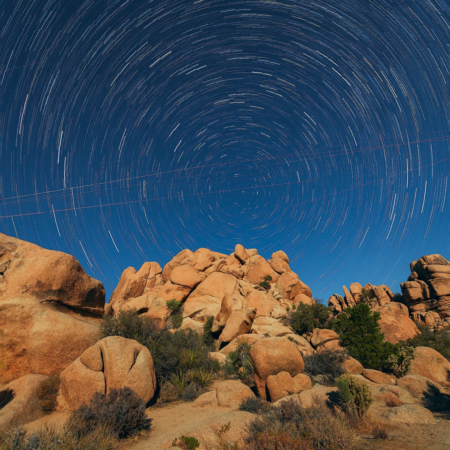 Joshua Tree Star Trails Over Rocky Formations At Full Moon