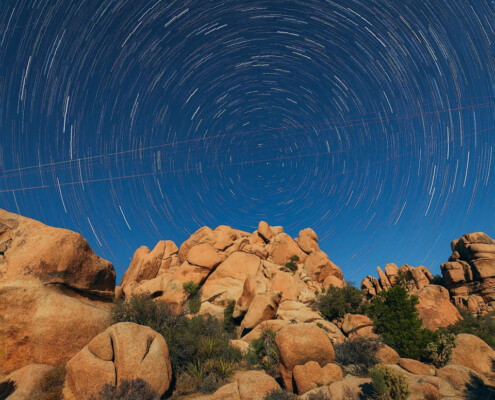 Joshua Tree Star Trails Over Rocky Formations At Full Moon