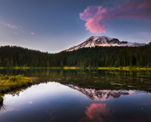 Mount Rainier Reflection Of The Sunset Over Mt Ranier In Reflection Lake