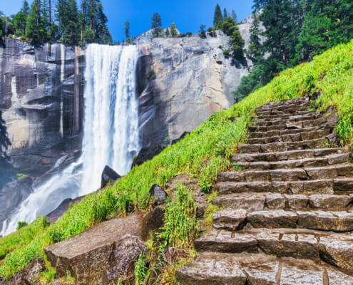 Yosemite Rock Steps Up To Waterfall