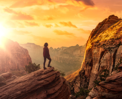 Zion Hiker On Top Of Rock Sunset