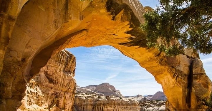 Natural sandstone arch in a desert landscape Desert Solitude  Day Bryce Canyon Capitol Reef Goblin Valley Arch Desert Landscape