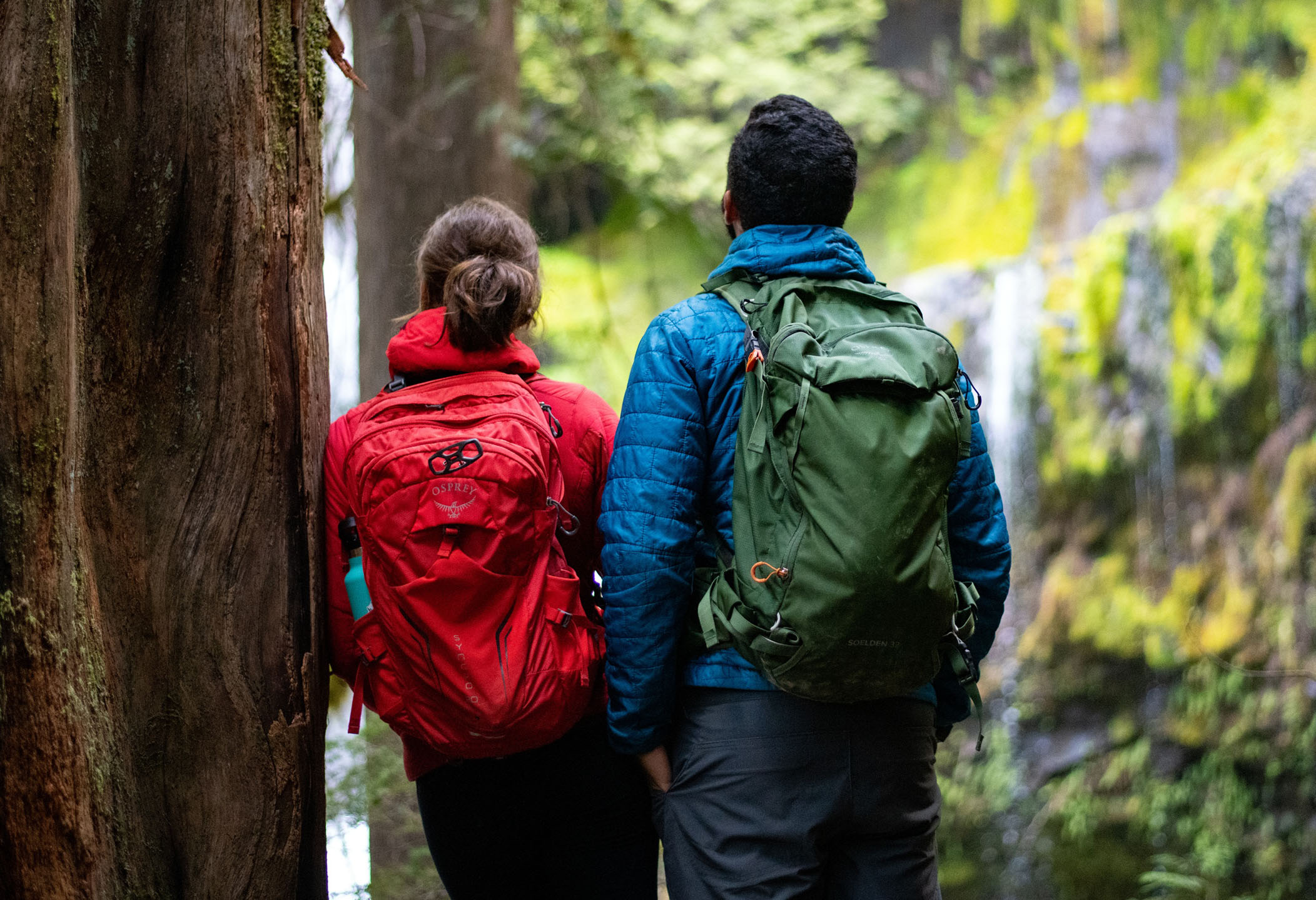 evergreenescapes-seattle_hikers-red-green-backpacks-waterfall Evergreenescapes Seattle Hikers Red Green Backpacks Waterfall