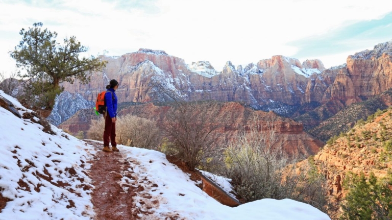 Sweetours Hiker Snowy Trail Zion Canyon