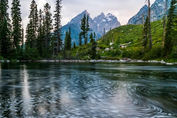 calm, river, reflecting, lush, trees, and, mountains Tetonwildernesstours Calm River Reflecting Lush Trees
