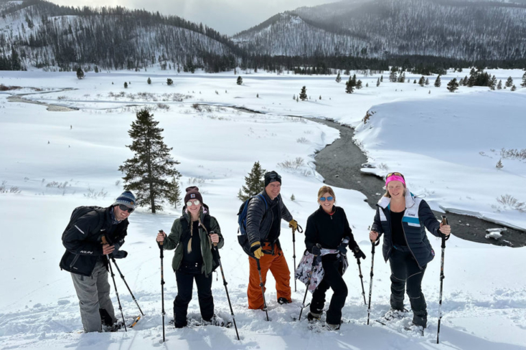 Big Sky Snowshoe Safari - Half Day - Private Tour — Yellowstone Yellowstonesafari Snowshoe Hikers Yellowstone River Snowy Landscape
