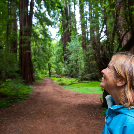 Yosemite Tours Woman Smiling Redwood Forest Path